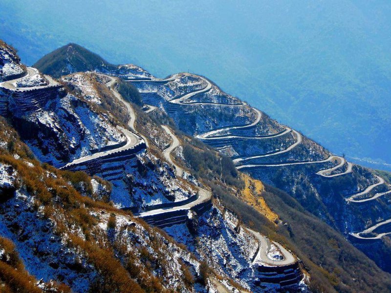 Zuluk loops and hairpin bends on Silk Route Sikkim with snow-covered mountains